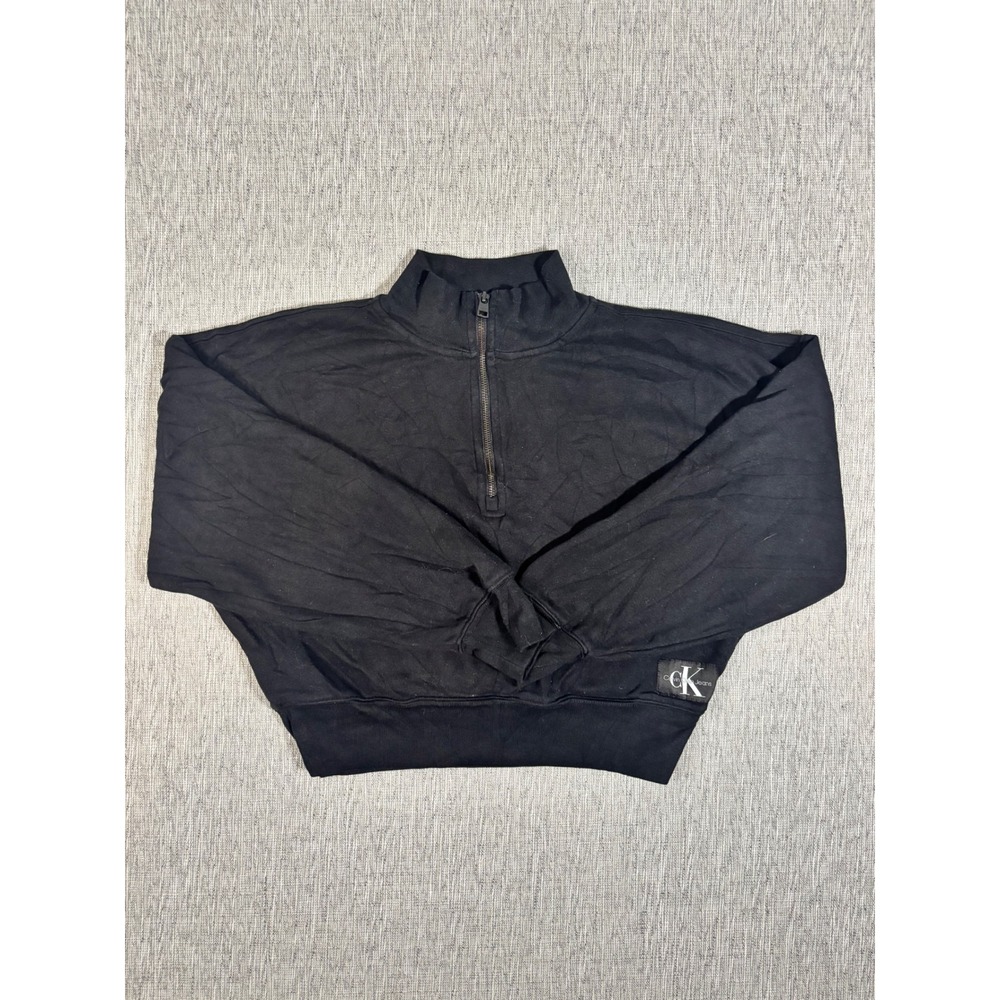 Calvin Klein Jeans Womens Black Quarter Zip Cropped Fleece Sweatshirt Size M